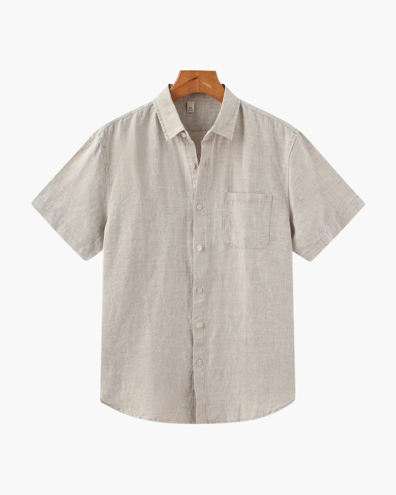 Men's Short Sleeve Linen-Look Shirt with Camp Collar - Beige