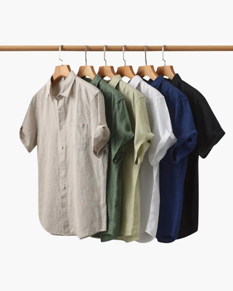 Men's Short Sleeve Linen-Look Shirt with Camp Collar