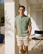 Men's Short Sleeve Mandarin Collar Shirt in Textured Weave