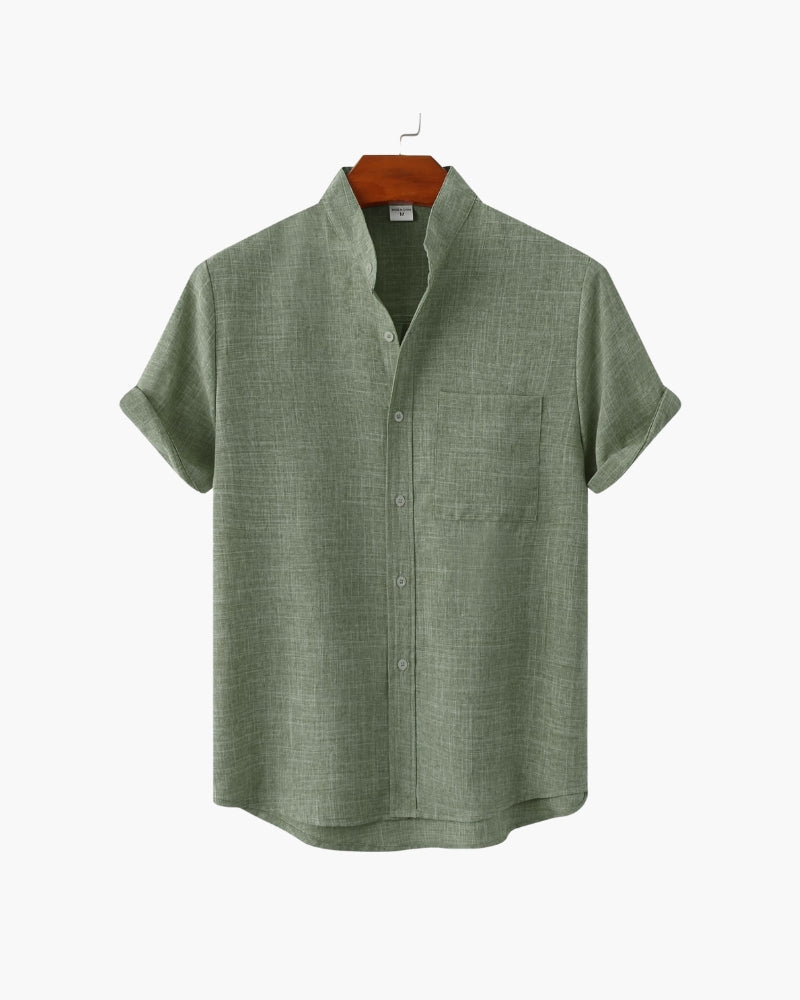 Men's Short Sleeve Mandarin Collar Shirt in Textured Weave - Green