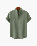 Men's Short Sleeve Mandarin Collar Shirt in Textured Weave - Green