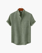 Men's Short Sleeve Mandarin Collar Shirt in Textured Weave - Green