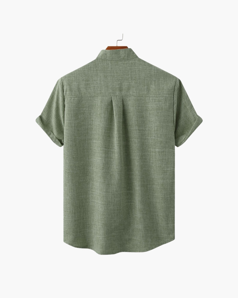 Men's Short Sleeve Mandarin Collar Shirt in Textured Weave