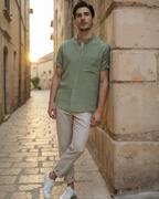 Men's Short Sleeve Mandarin Collar Shirt in Textured Weave