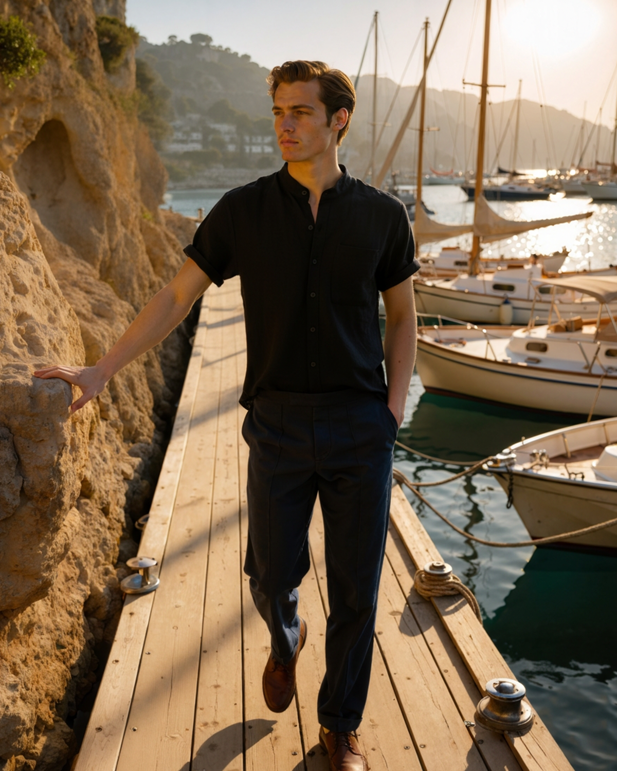 Men's Short Sleeve Mandarin Collar Shirt in Textured Weave