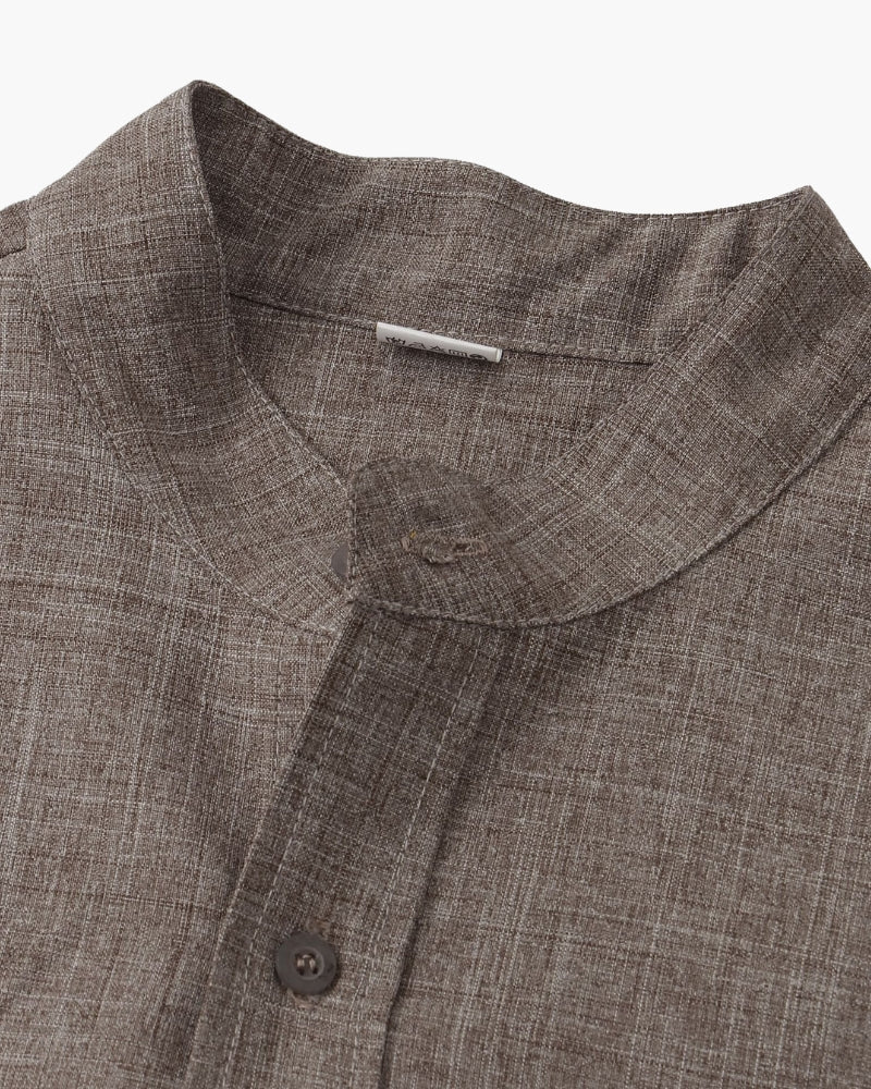 Men's Short Sleeve Mandarin Collar Shirt in Textured Weave