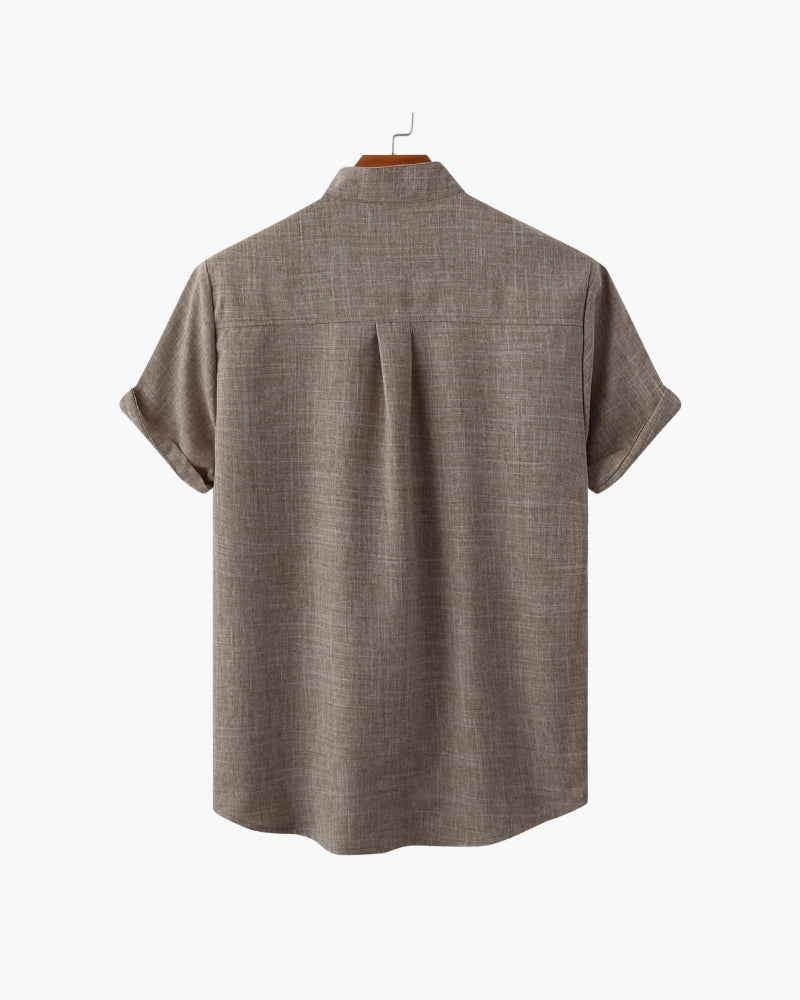 Men's Short Sleeve Mandarin Collar Shirt in Textured Weave