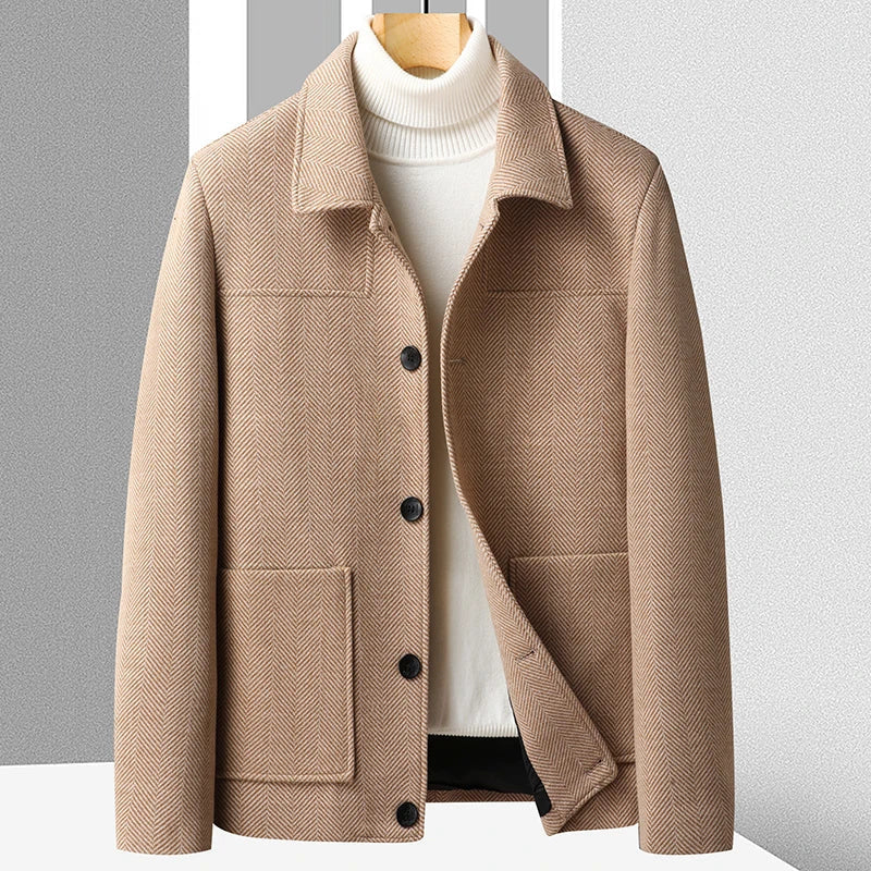 Men's Single-Breasted Car Coat with Patch Pockets and Point Collar - Khaki