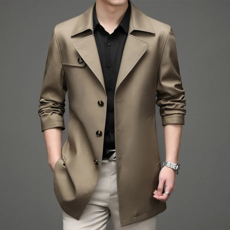 Men's Single-Breasted Mac Coat with Notched Collar - Khaki
