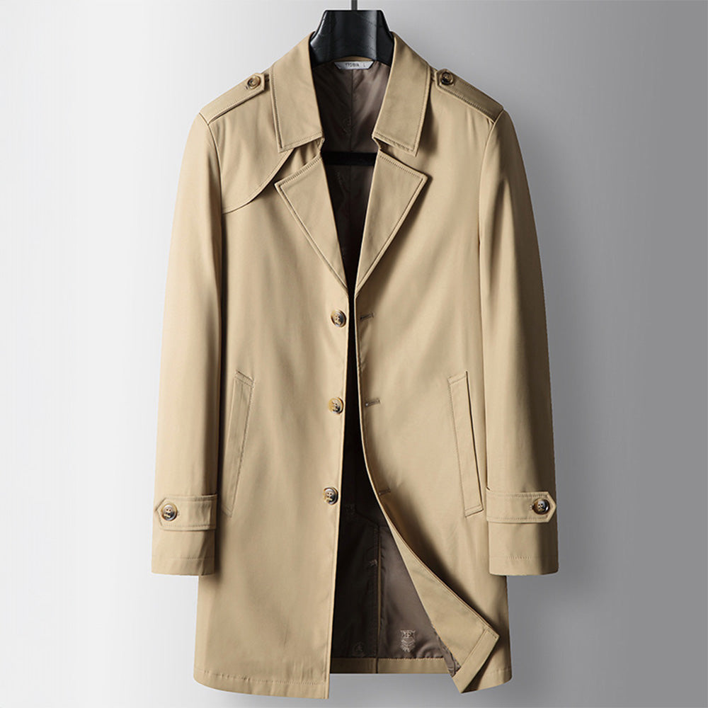 Men's Single-Breasted Trench Coat with Epaulettes - Khaki