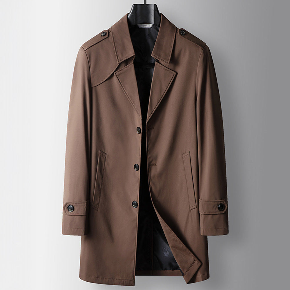 Men's Single-Breasted Trench Coat with Epaulettes - Brown