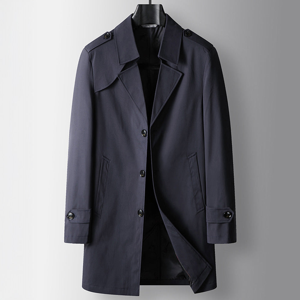 Men's Single-Breasted Trench Coat with Epaulettes - Navy Blue
