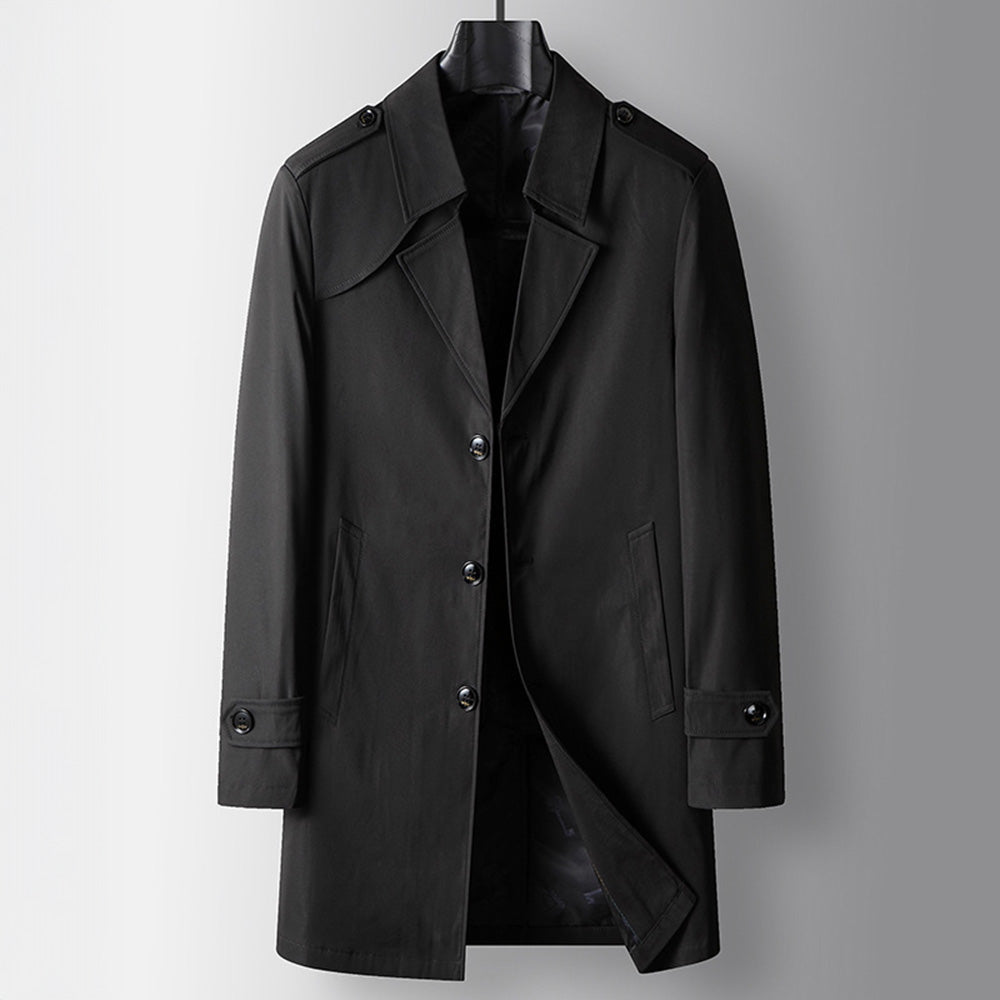 Men's Single-Breasted Trench Coat with Epaulettes - Classic Black