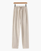Men's Slim Linen-Look Trousers with Drawstring Waist - Beige