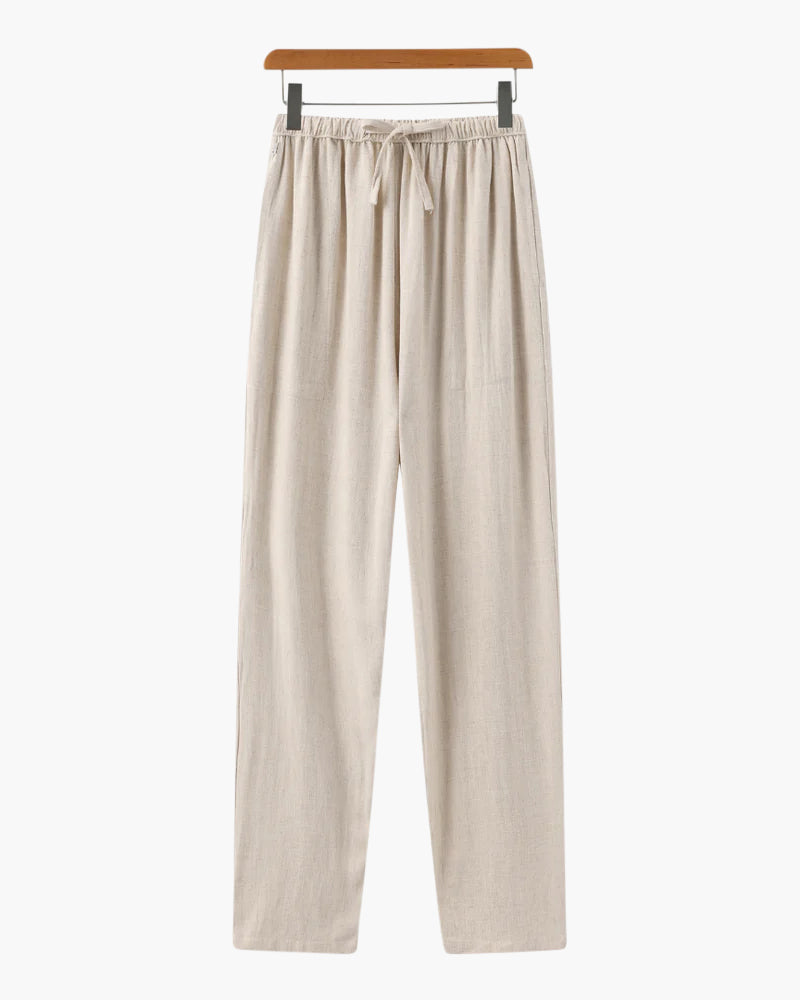 Men's Slim Linen-Look Trousers with Drawstring Waist - Beige