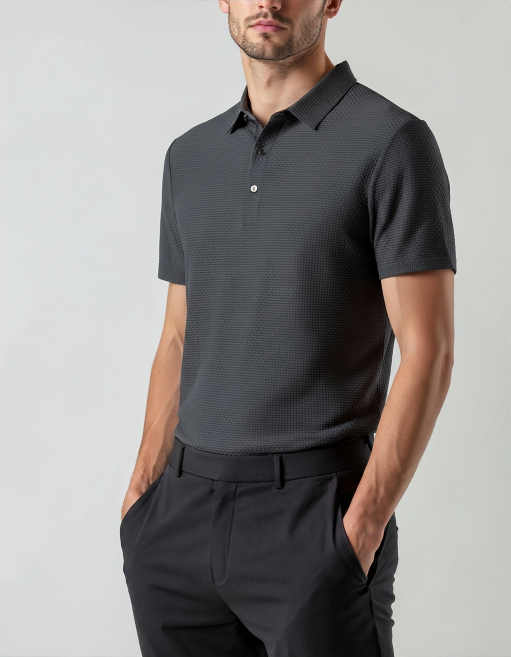 Men's Smooth Short Sleeve Polo Shirt with Button Placket - Black