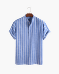 Men's Striped Band Collar Short Sleeve Shirt with Placket - Blue