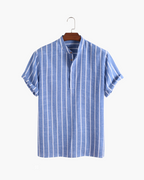 Men's Striped Band Collar Short Sleeve Shirt with Placket - Blue