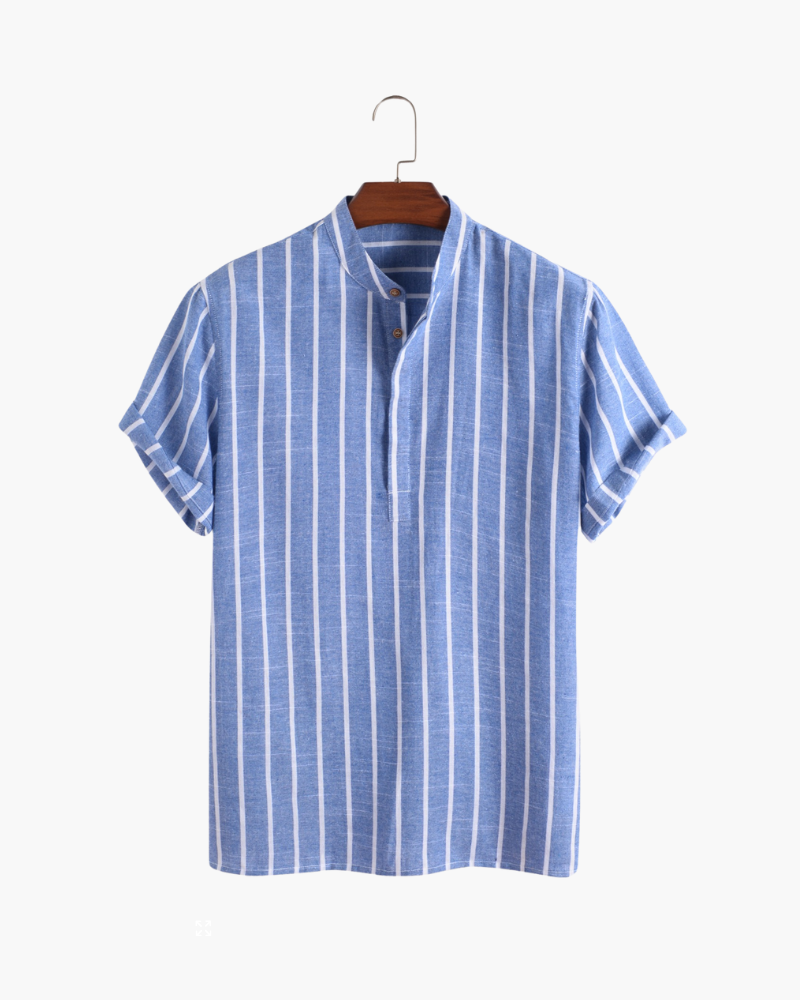Men's Striped Band Collar Short Sleeve Shirt with Placket - Blue