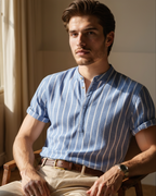 Men's Striped Band Collar Short Sleeve Shirt with Placket
