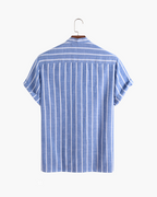 Men's Striped Band Collar Short Sleeve Shirt with Placket