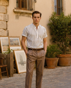 Men's Striped Band Collar Short Sleeve Shirt with Placket