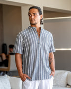 Men's Striped Band Collar Short Sleeve Shirt with Placket