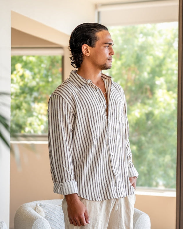 Men's Striped Camp Collar Shirt with Relaxed Fit