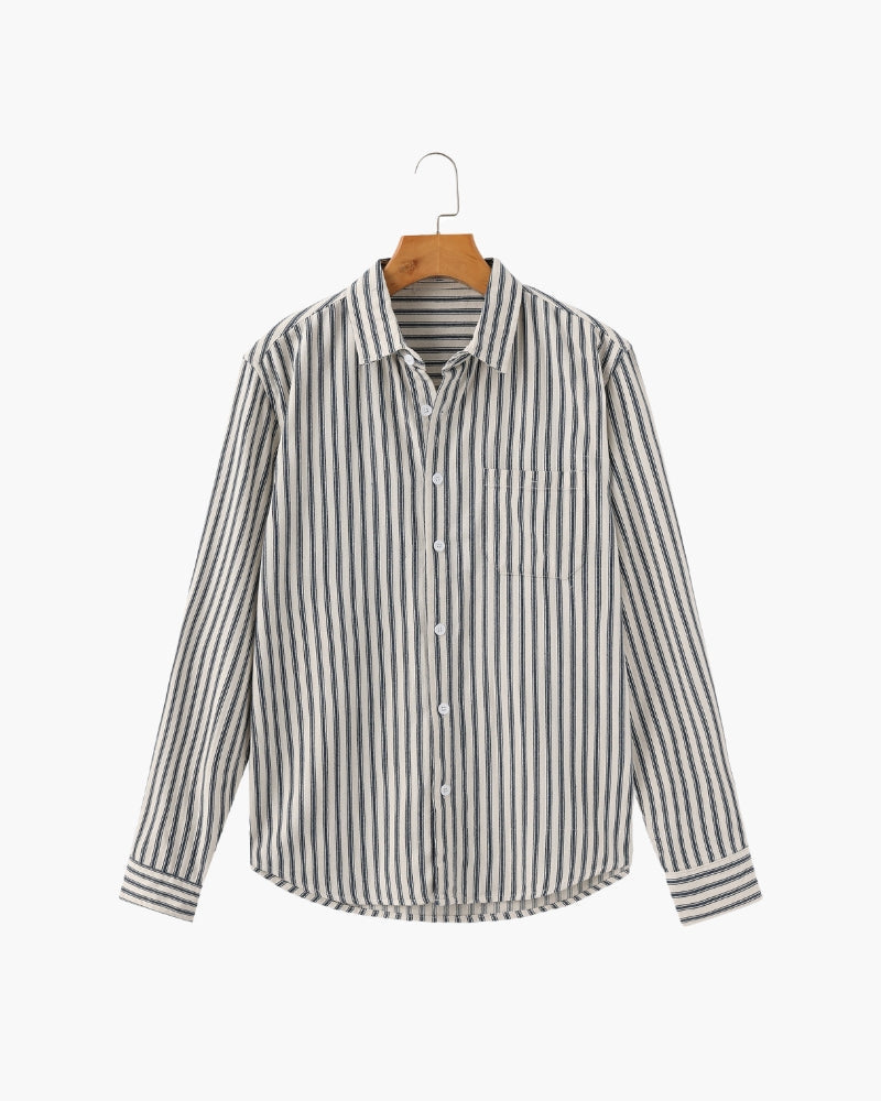 Men's Striped Camp Collar Shirt with Relaxed Fit - Blue