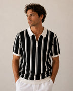 Men's Striped Knit Half-Zip Polo with Contrast Collar
