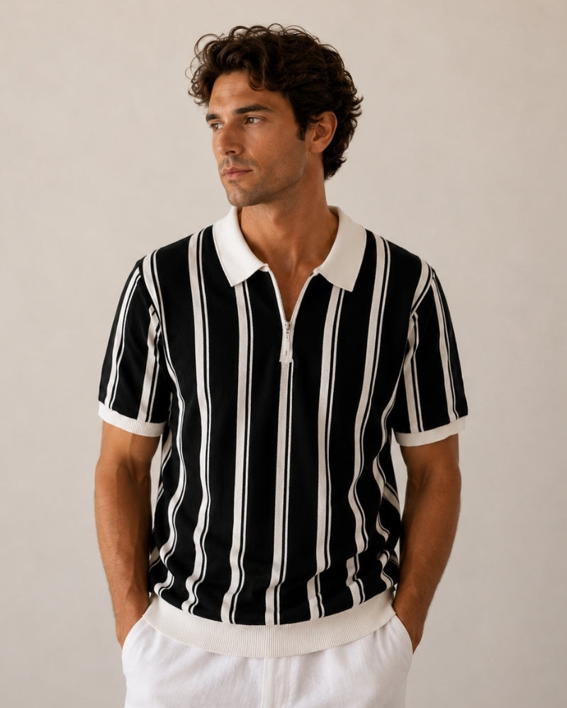 Men's Striped Knit Half-Zip Polo with Contrast Collar