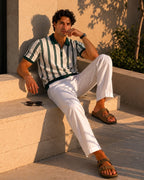 Men's Striped Knit Half-Zip Polo with Contrast Collar