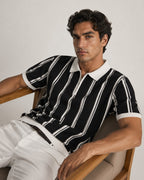 Men's Striped Knit Half-Zip Polo with Contrast Collar