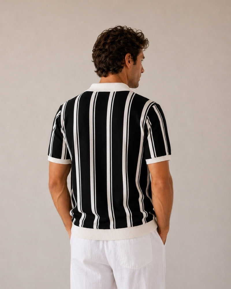Men's Striped Knit Half-Zip Polo with Contrast Collar