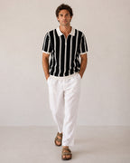 Men's Striped Knit Half-Zip Polo with Contrast Collar