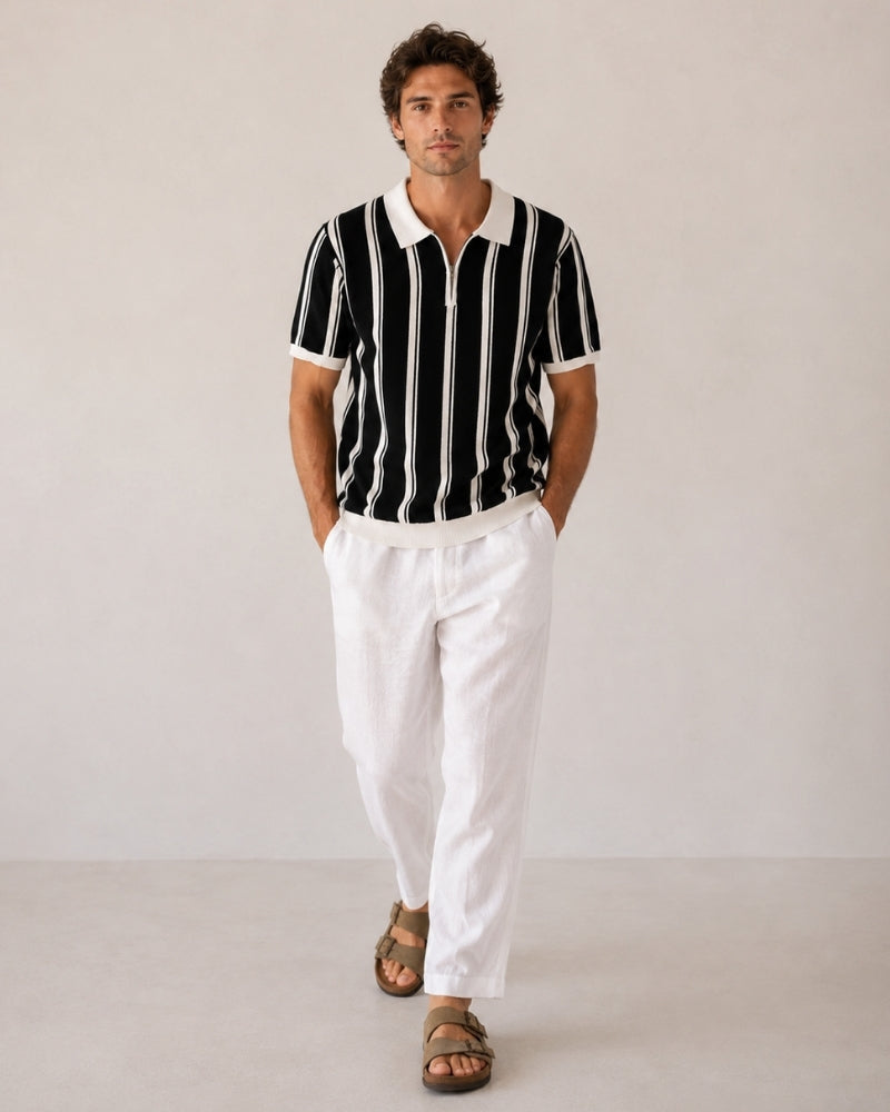 Men's Striped Knit Half-Zip Polo with Contrast Collar