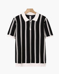 Men's Striped Knit Half-Zip Polo with Contrast Collar - Black