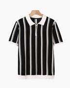 Men's Striped Knit Half-Zip Polo with Contrast Collar - Black