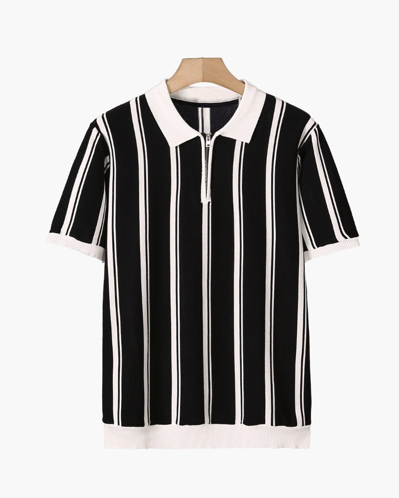 Men's Striped Knit Half-Zip Polo with Contrast Collar - Black
