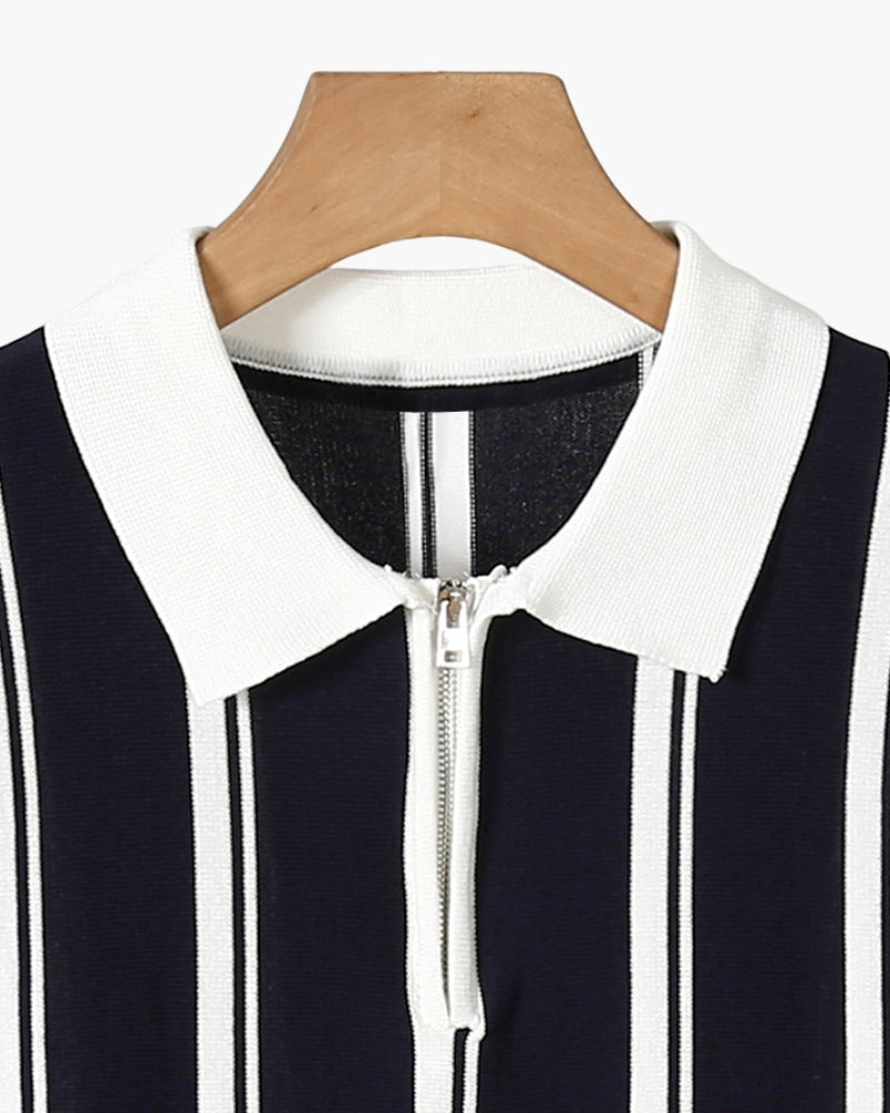 Men's Striped Knit Half-Zip Polo with Contrast Collar