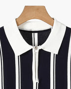 Men's Striped Knit Half-Zip Polo with Contrast Collar