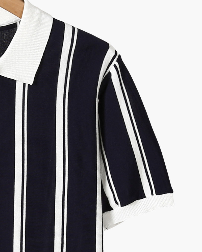 Men's Striped Knit Half-Zip Polo with Contrast Collar