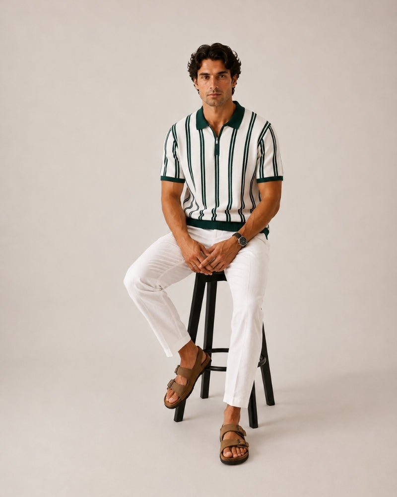 Men's Striped Knit Half-Zip Polo with Contrast Collar