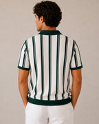 Men's Striped Knit Half-Zip Polo with Contrast Collar