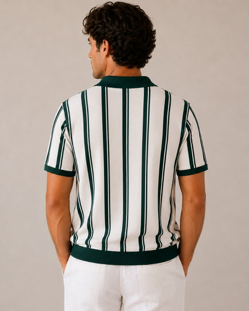 Men's Striped Knit Half-Zip Polo with Contrast Collar