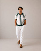 Men's Striped Knit Half-Zip Polo with Contrast Collar