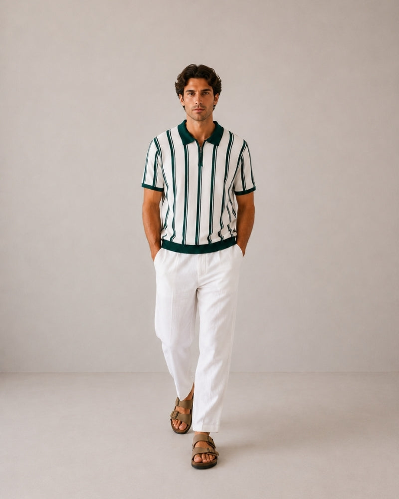 Men's Striped Knit Half-Zip Polo with Contrast Collar