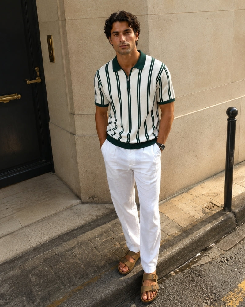 Men's Striped Knit Half-Zip Polo with Contrast Collar