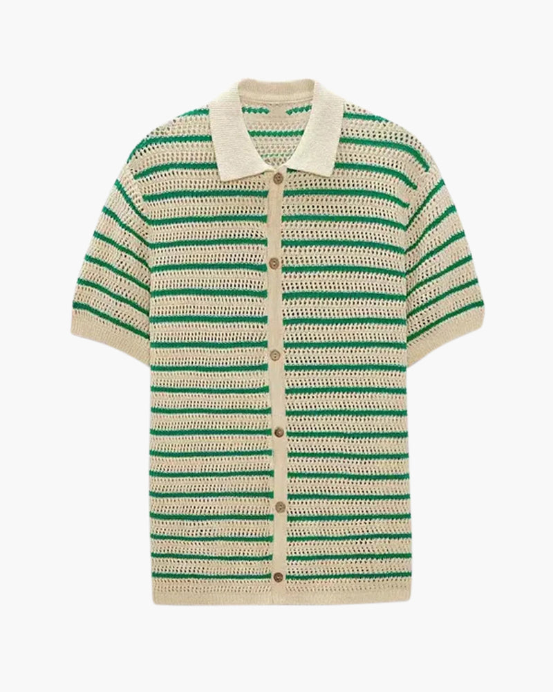 Men's Striped Knit Short Sleeve Shirt with Button Front