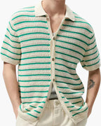 Men's Striped Knit Short Sleeve Shirt with Button Front